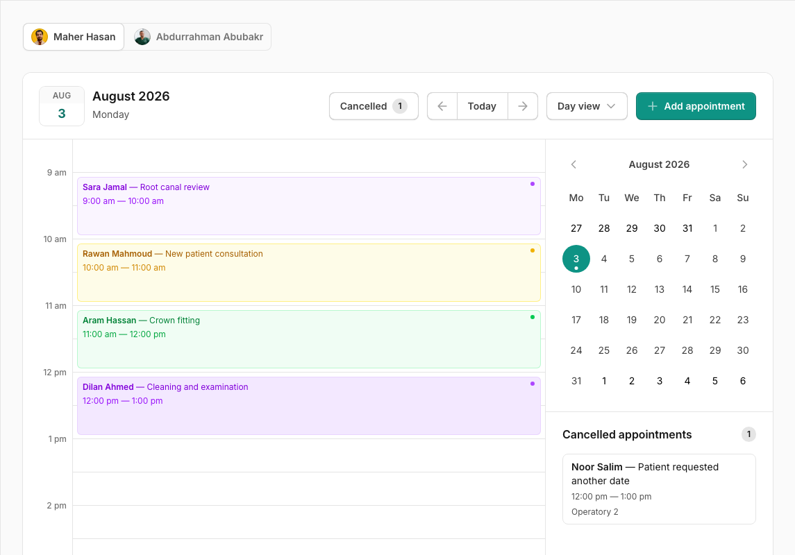 Asnan+ Day view with appointments for Dr. Maher Hasan and natural synthetic patient names