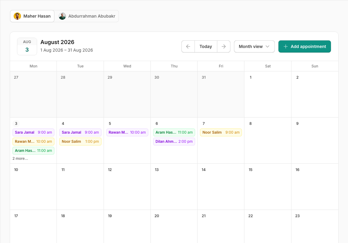 Asnan+ Month view showing a privacy-safe clinic schedule across the working week