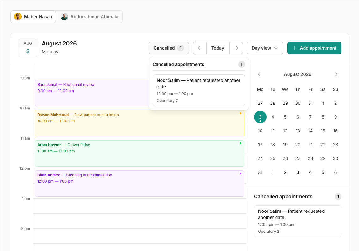 Asnan+ appointment status guide and cancelled-appointments panel