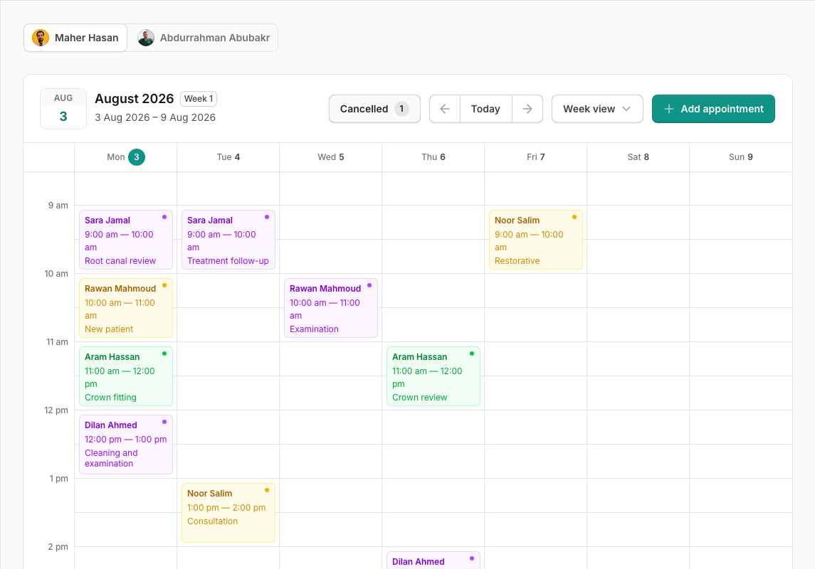 Asnan+ Week view with open times and appointments across the clinic schedule