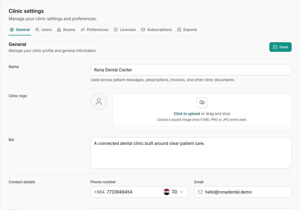 Asnan+ Clinic Settings General profile with clinic identity, contact, and address settings