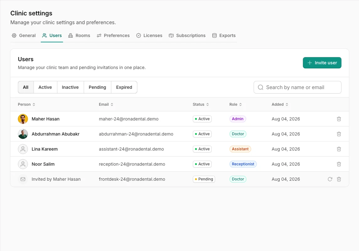 Asnan+ Clinic Settings Users list showing doctors, assistants, and receptionists