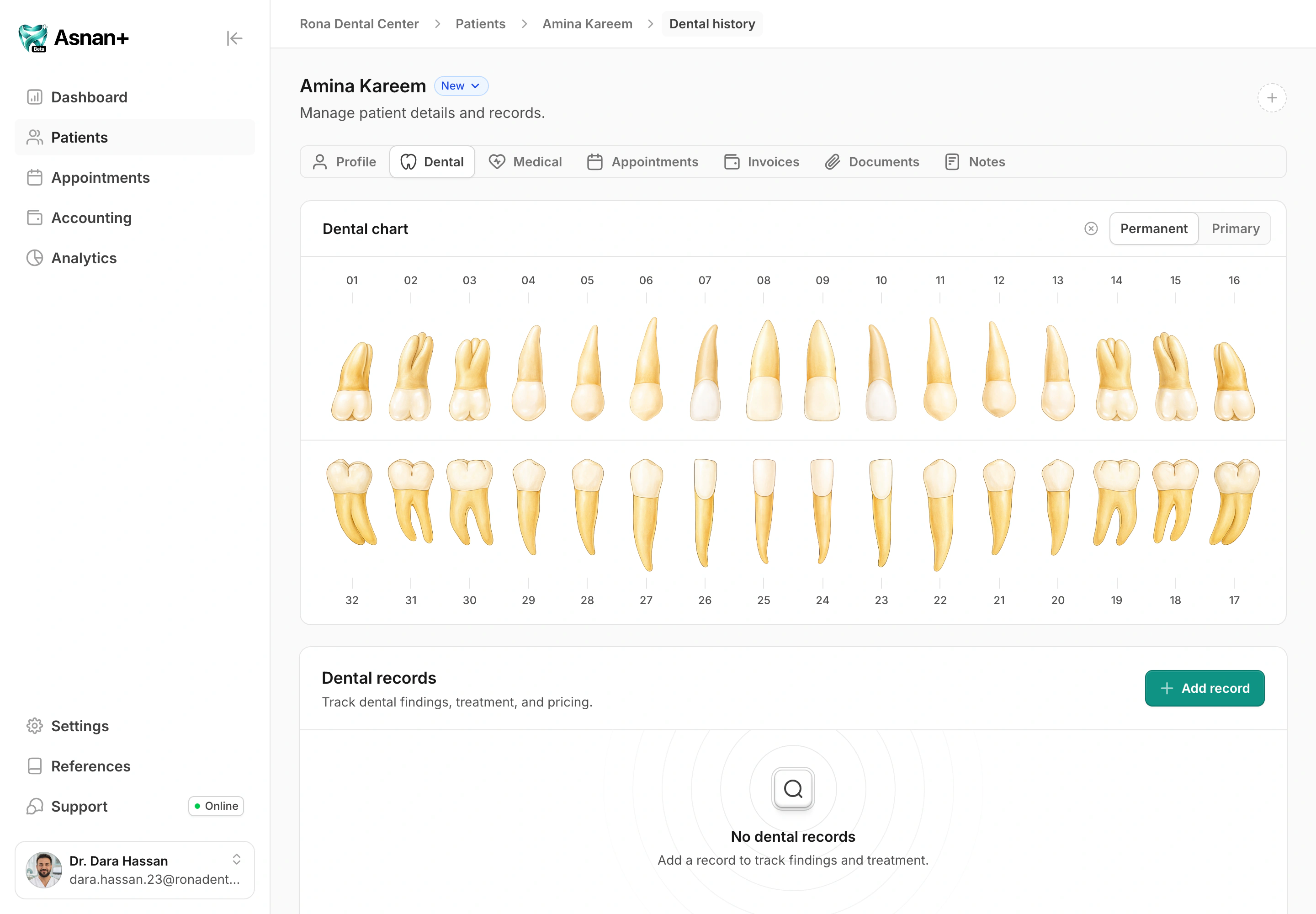 Asnan+ patient dental treatment record using synthetic sample clinic data