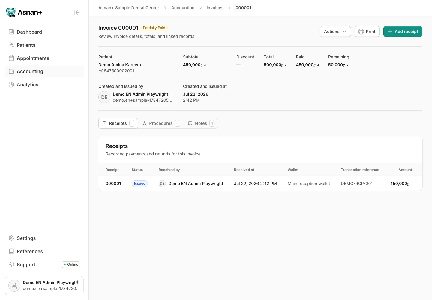 Asnan+ invoice detail with a synthetic patient, totals, receipt, and remaining balance