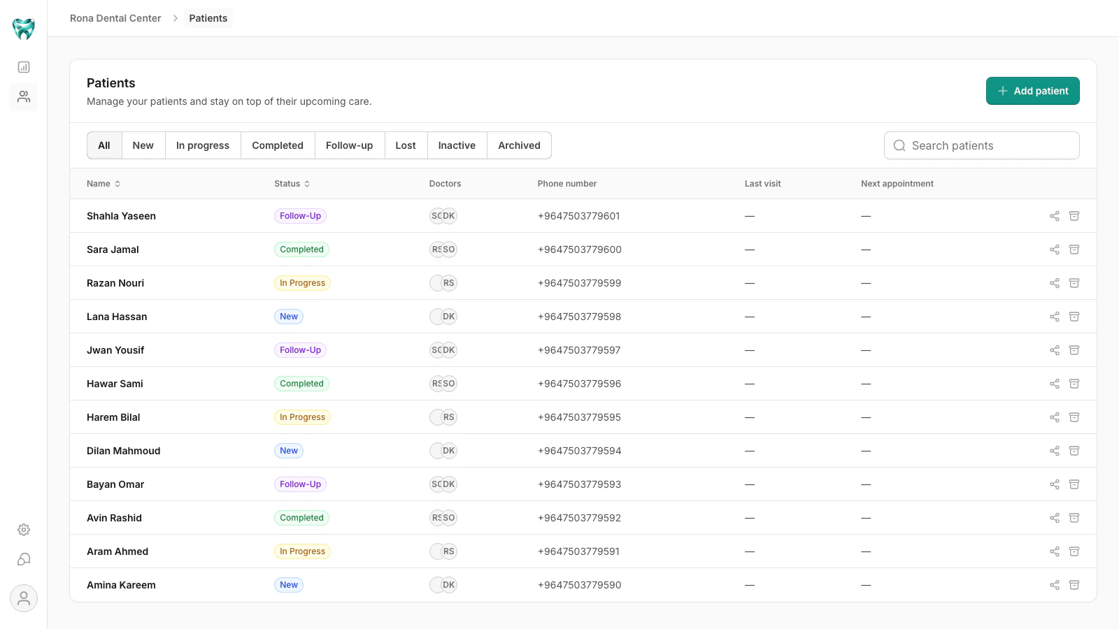 Real Asnan+ patient directory showing synthetic patient statuses, clinician avatars, phone numbers, and visit data