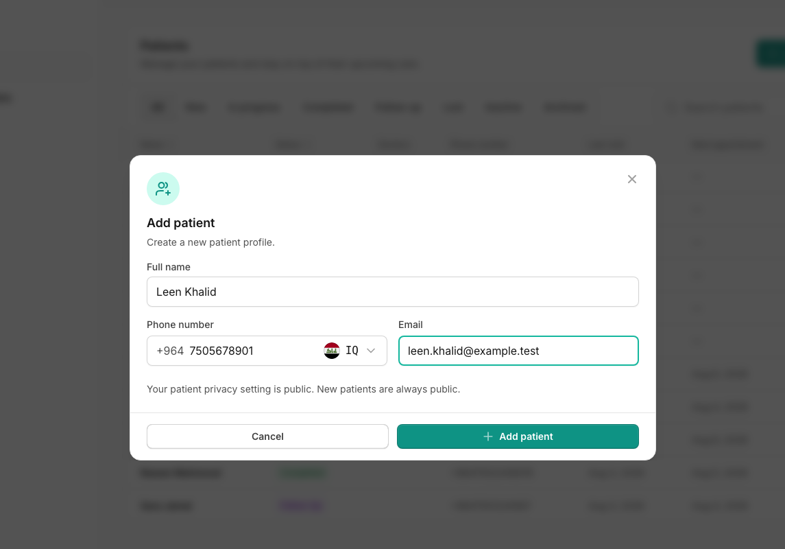 Asnan+ Add patient form filled with privacy-safe synthetic contact details