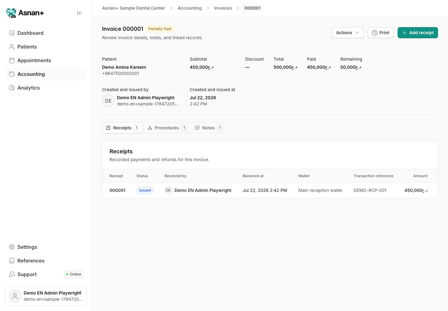 Asnan+ invoice detail with a synthetic patient, totals, receipt, and remaining balance